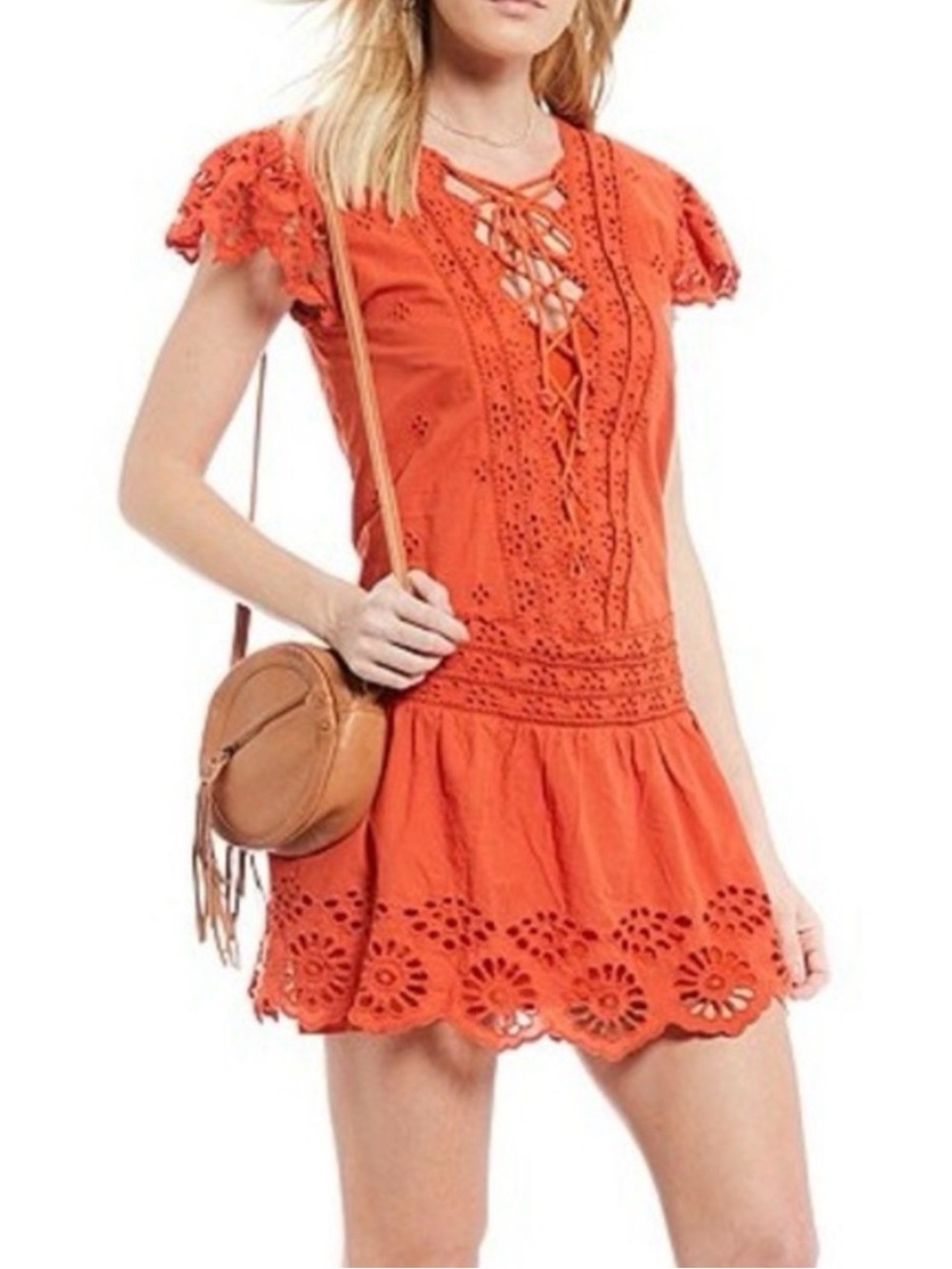 FREE PEOPLE ESPERANZA BOHEMIAN WESTERN EYELET MINI DRESS